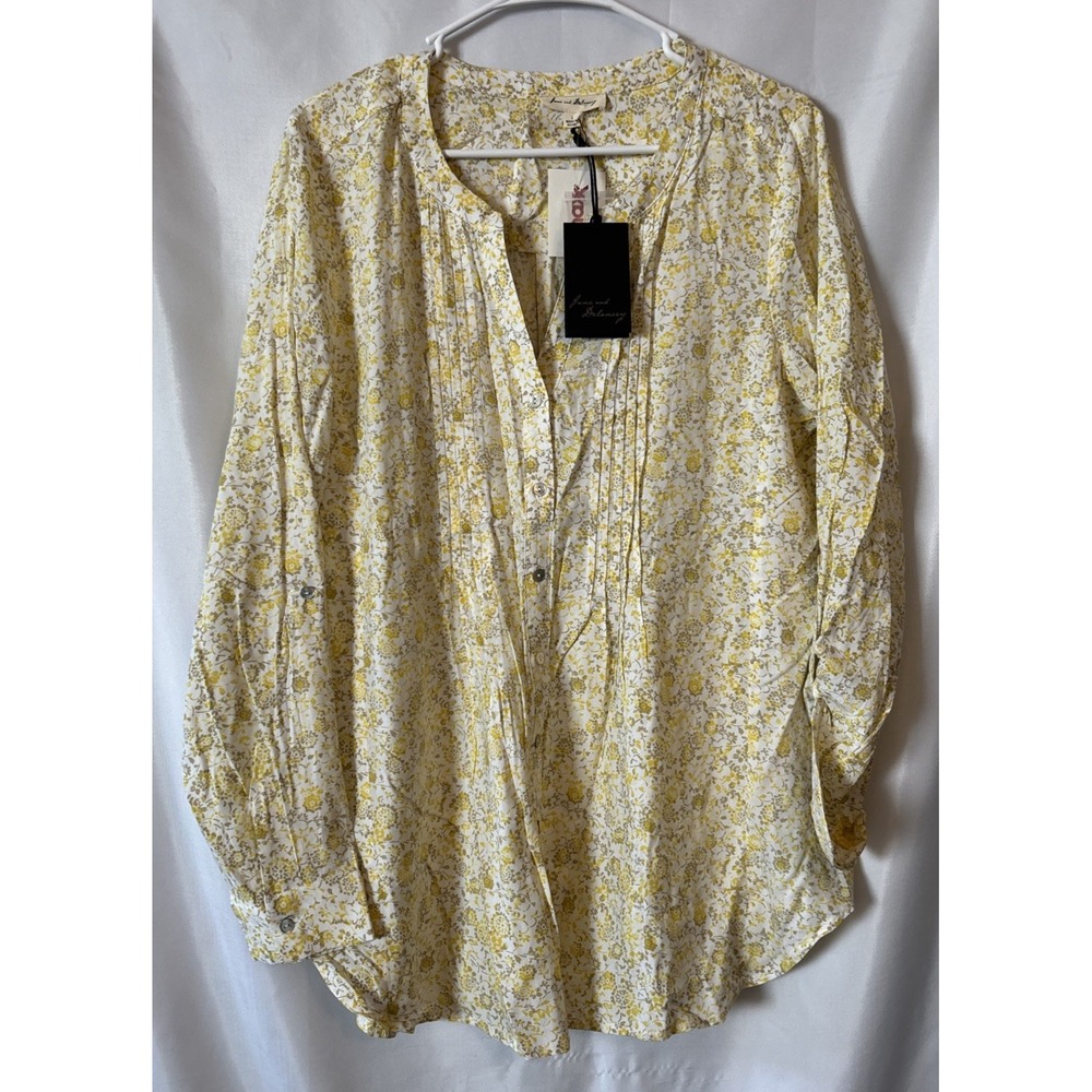 Jane & Delancey Womens Floral Long Sleeve Button-Up Blouse Pleated Roll Tab LG